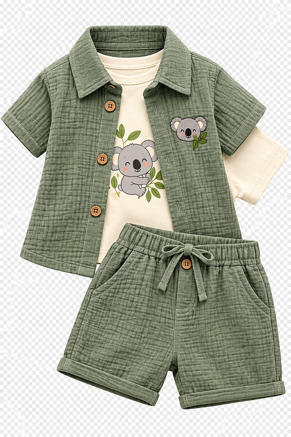 Cute Kaola baby 3 piece boys' clothing set (shirt, t-shirt and shorts)