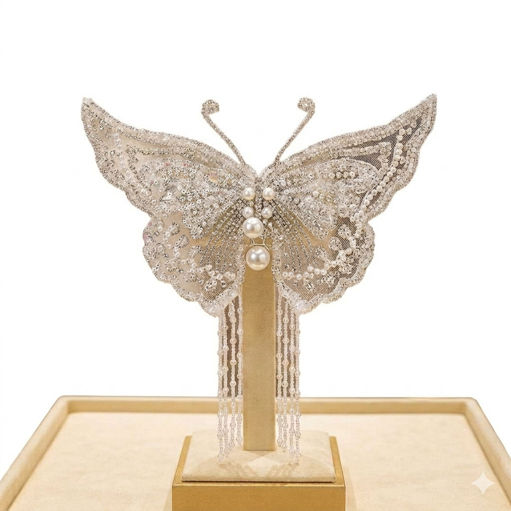 white hair accessory featuring a butterfly design and pearl tassels