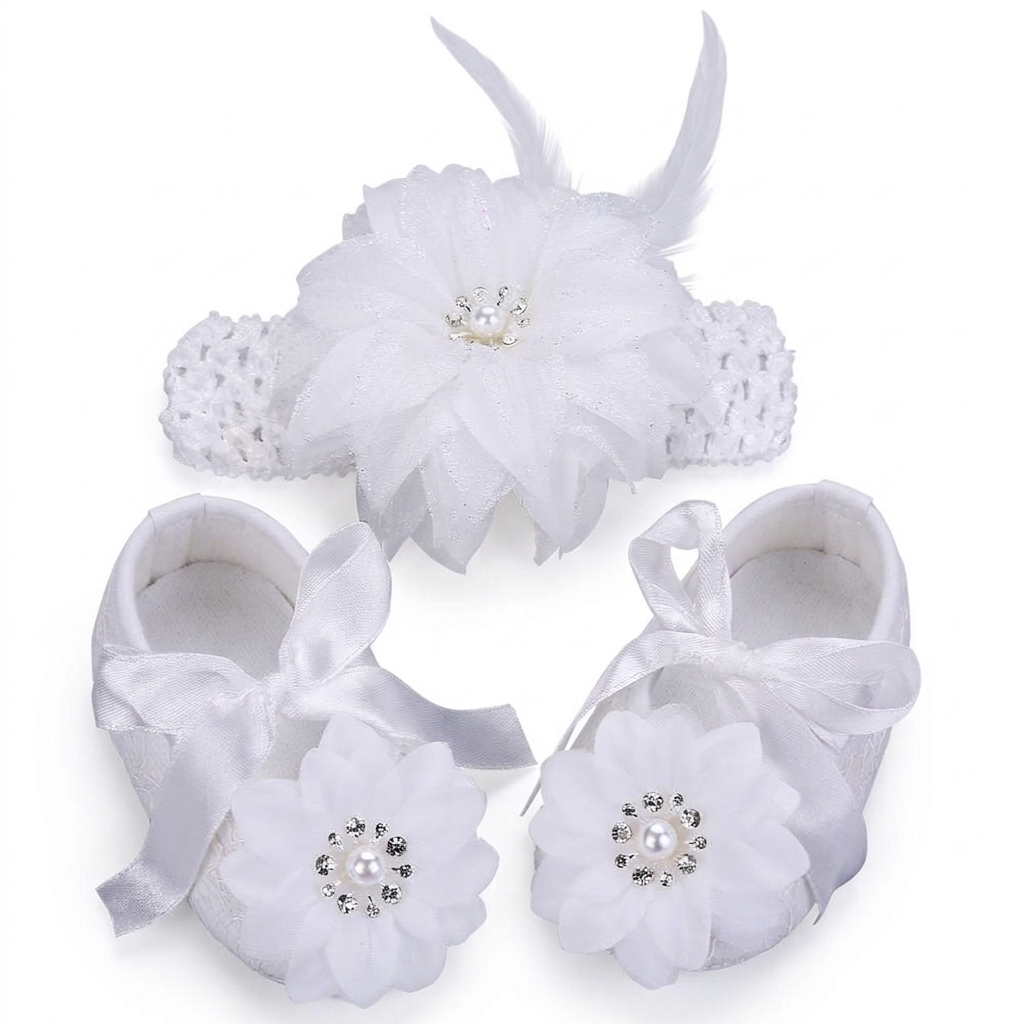 white infant booties and matching hair accessories