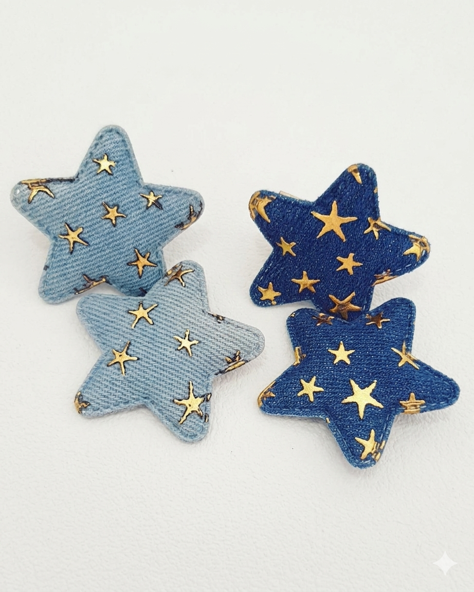 denim star patterned bow hair clip