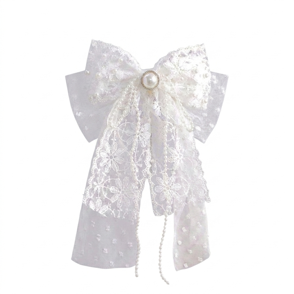 MiaoJi white lace hair bow clips decorated with pearls.