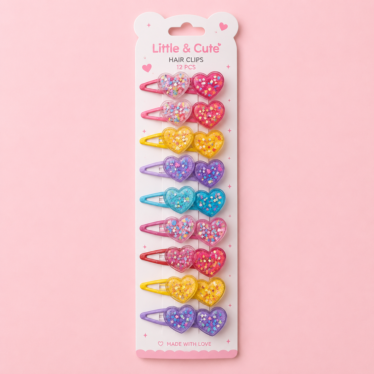 assorted modern snap hair clips for children featuring glittery heart and character embellishments