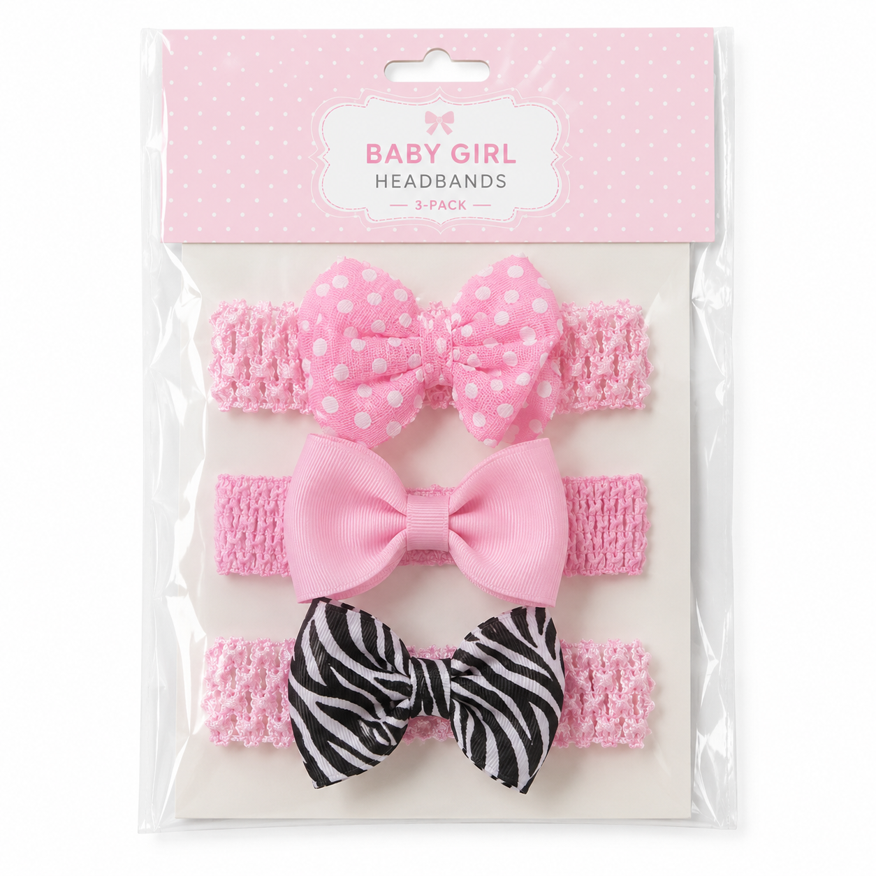 3-pack of baby girl headbands featuring pink polka dot, solid pink, and zebra striped bows